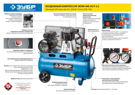 Картинка ЗКПМ-440-50-Р-2.2. Компрессор электрический ЗУБР 2200 ВТ, 440 Л/МИН, 50 Л, РЕМЕННОЙ, МАСЛЯНЫЙ